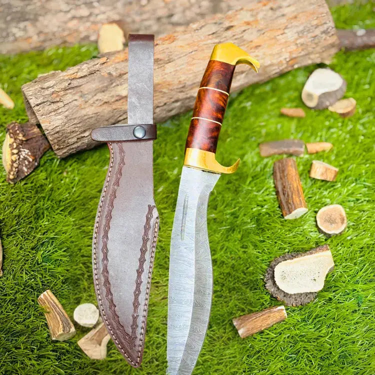 Handmade Damascus Steel Hunting Bowie Knife-Brass Guard & Rose Wood Handle Hunt Craft Knives