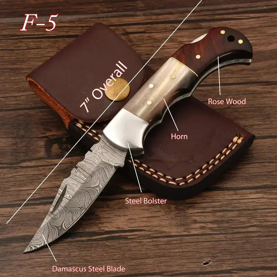 Handmade Damascus Steel Hunting Pocket Knife-Camping Folding Blade With Horn & Rose Wood Handle - Hunt Craft Knives