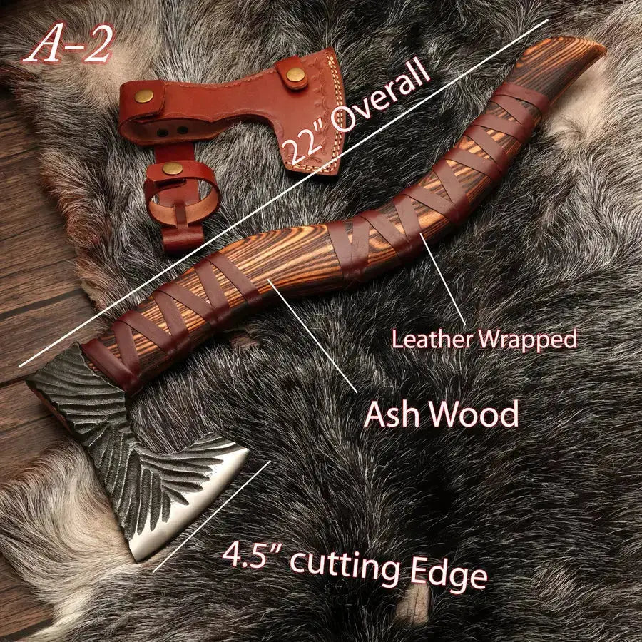 Viking Raider Axe - Handmade Royal Viking Axe with Ash Wood Handle & Leather Wrapping - Hunt Craft Knives