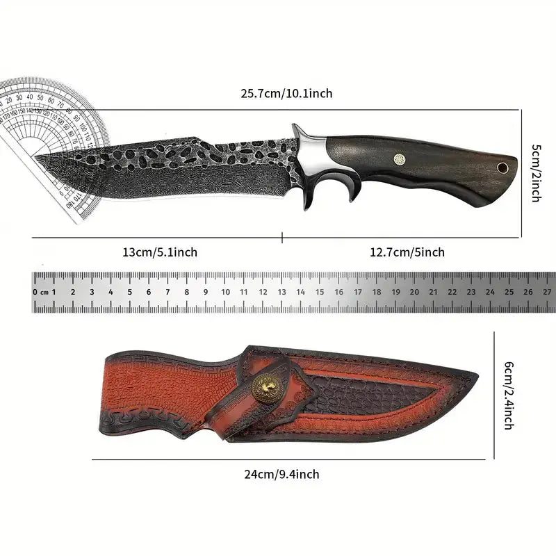 Custom Handmade Damascus Steel Hunting Knife with Black Wood Handle & Multifunctional Knife Sheath