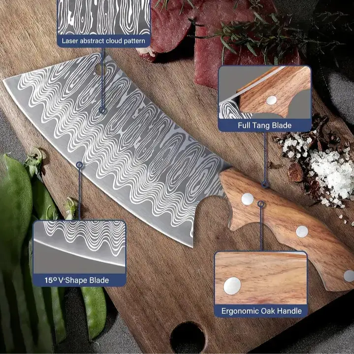 Hand-Forged Japanese Meat Cleaver Knife with Oak Handle & Sheath