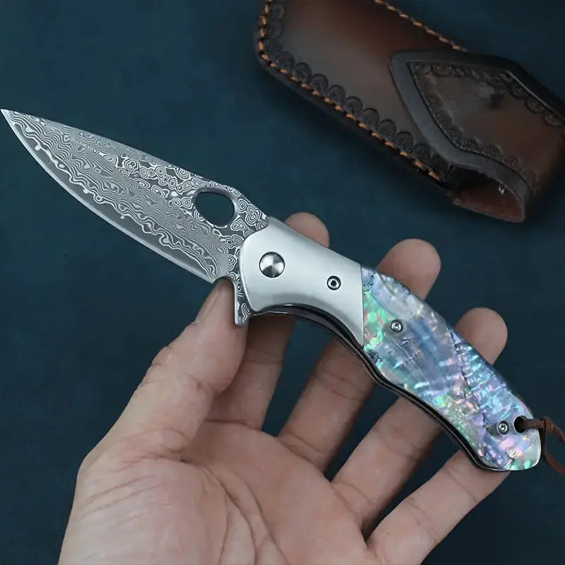 7.28" Damascus Steel EDC Folding Knife with Iridescent Abalone Shell Resin Handle | VG 10 Steel Blade