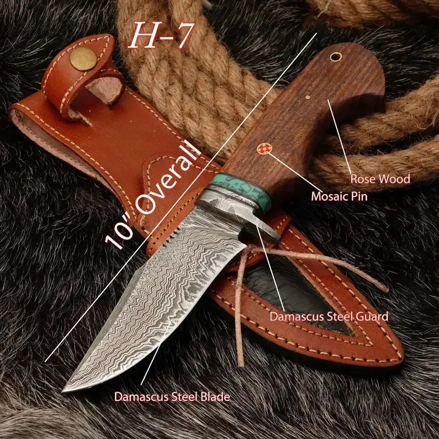 10" Custom Handmade Damascus Steel Hunting Knife W/ Wood Handle-Best Fixed Blade Knife - Hunt Craft Knives