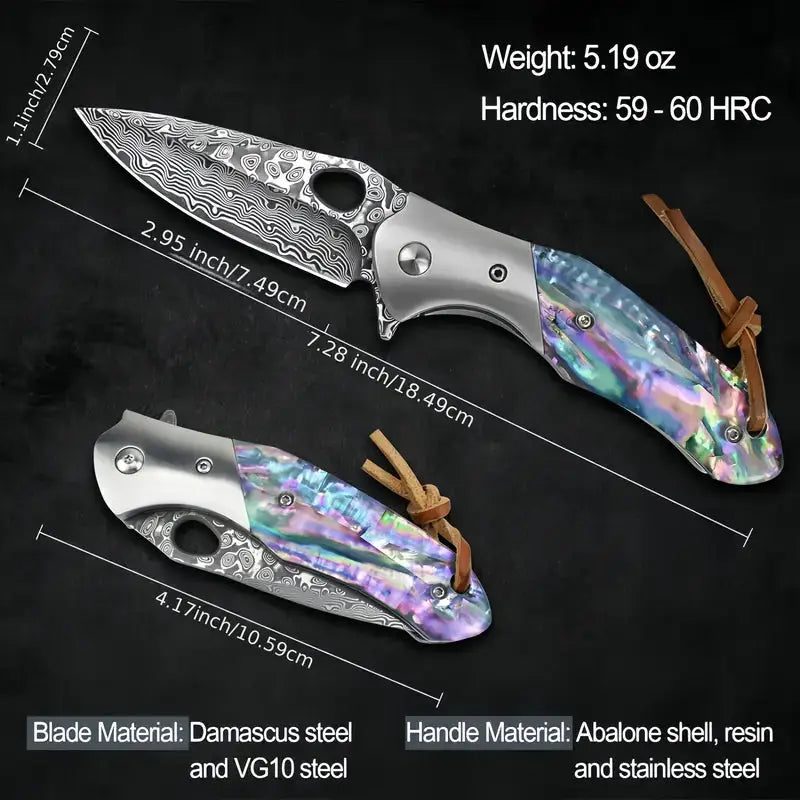 7.28" Damascus Steel EDC Folding Knife with Iridescent Abalone Shell Resin Handle | VG 10 Steel Blade