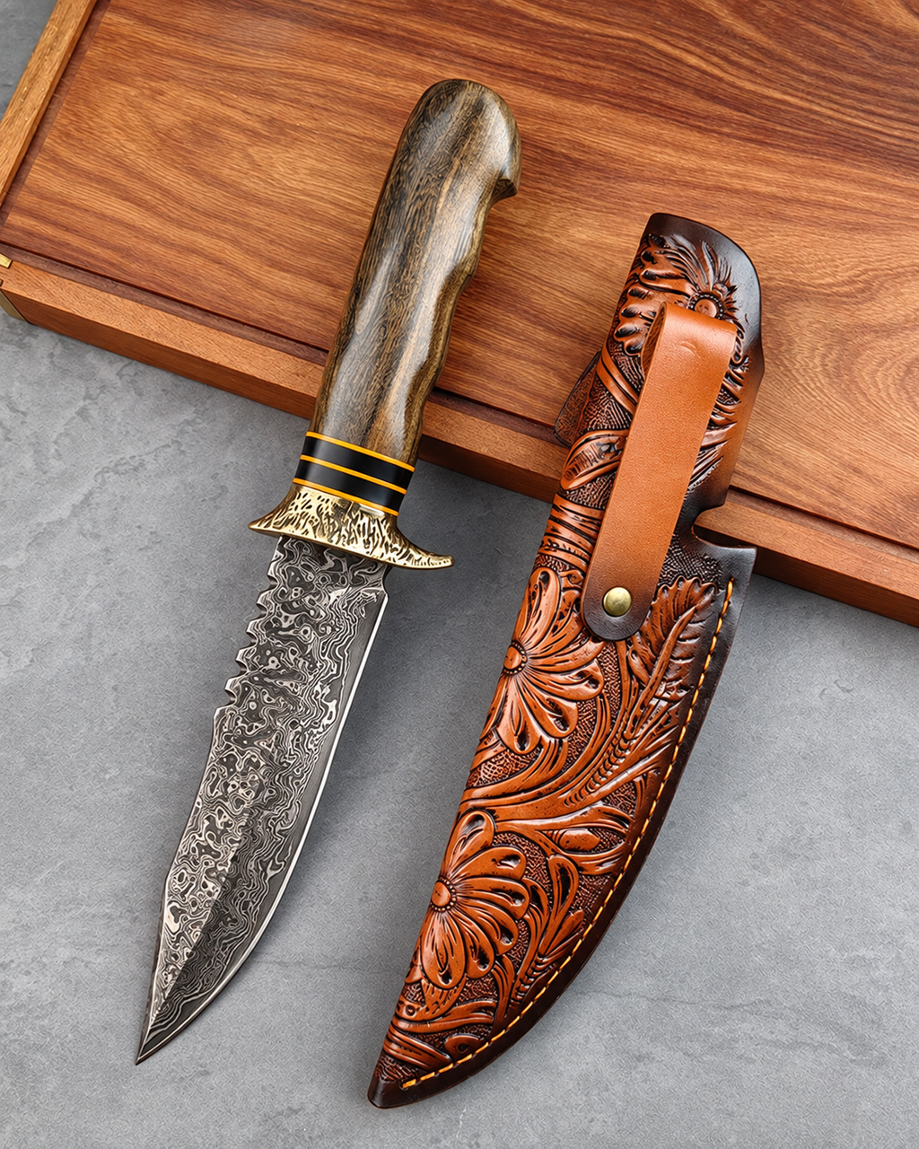 Handmade Damascus Steel Hunting Knife – 11" Fixed Blade with 67-Layer Hand-Forged Blade, Wood Handle & Guard
