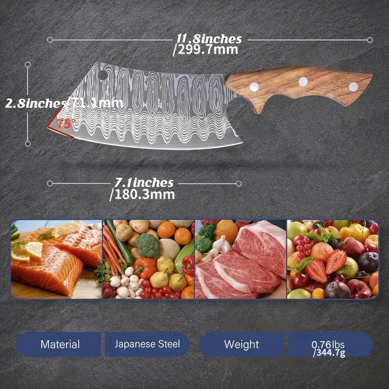 Hand-Forged Japanese Meat Cleaver Knife with Oak Handle & Sheath