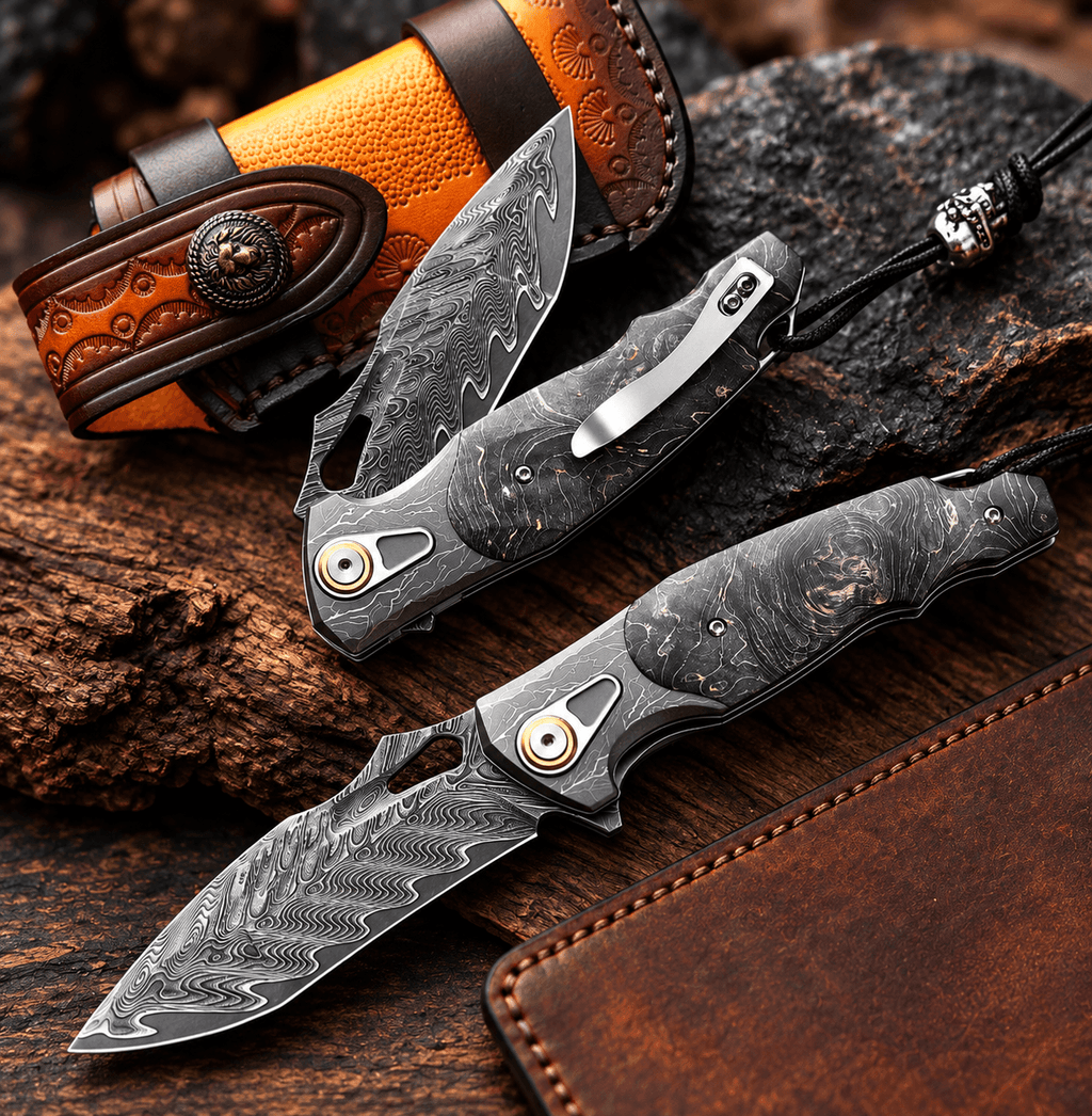Damascus steel folding knife blade pattern close-up
