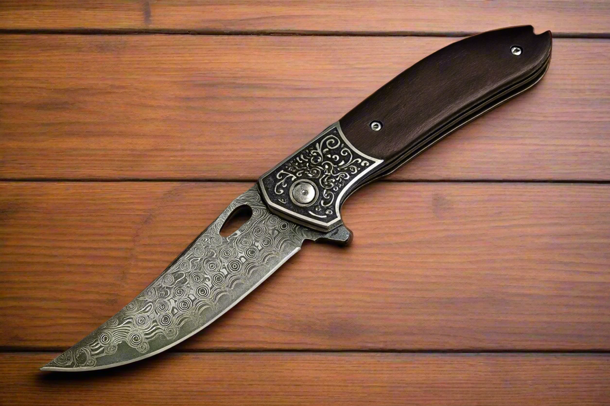 Custom Handmade Damascus Steel Pocket Knife with Brown Wood Handle & Engraved Bolster