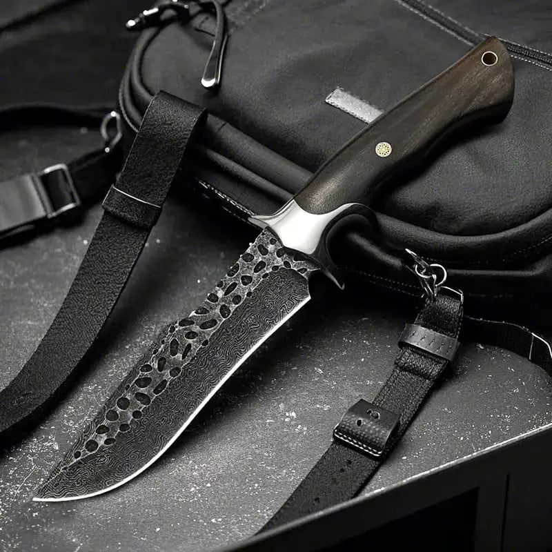 Custom Handmade Damascus Steel Hunting Knife with Black Wood Handle & Multifunctional Knife Sheath