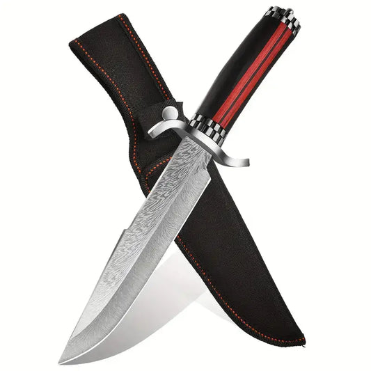 Handmade Damascus Stainless Steel Hunting Knife with V-Edge Blade | Black & Red Handle