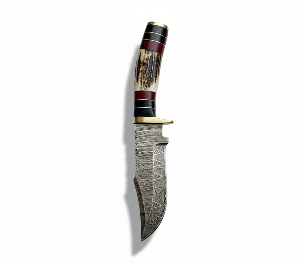 Custom Hand Forged Damascus Steel Hunting knife EDC w/ Brass Guard Knife & Stag Handle