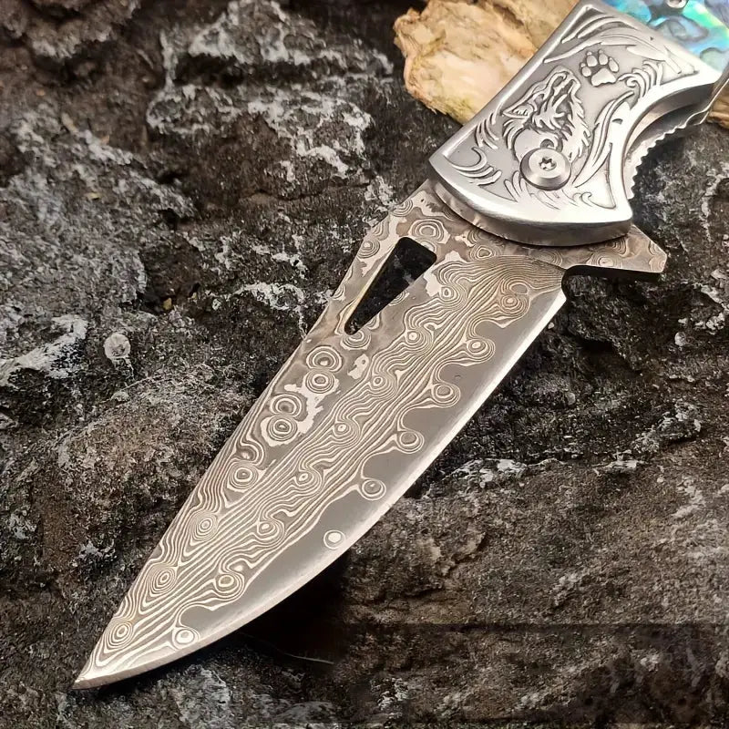 7.8" Damascus Steel EDC Folding Knife with Iridescent Abalone Shell Resin Handle | VG 10 Steel Blade