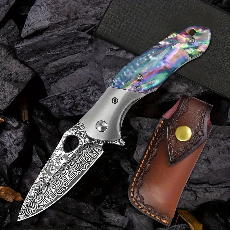 7.28" Damascus Steel EDC Folding Knife with Iridescent Abalone Shell Resin Handle | VG 10 Steel Blade