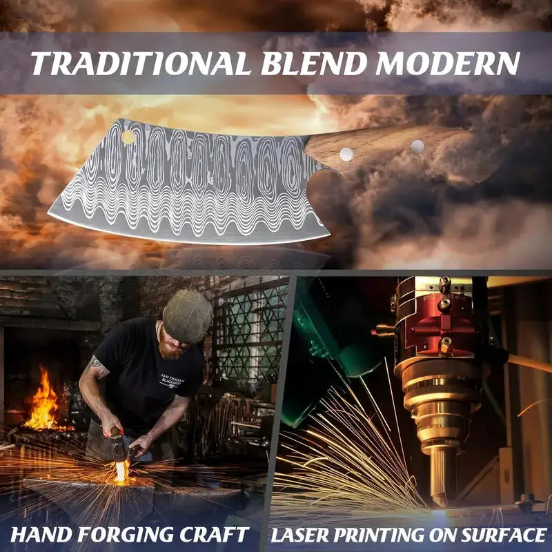 Hand-Forged Japanese Meat Cleaver Knife with Oak Handle & Sheath