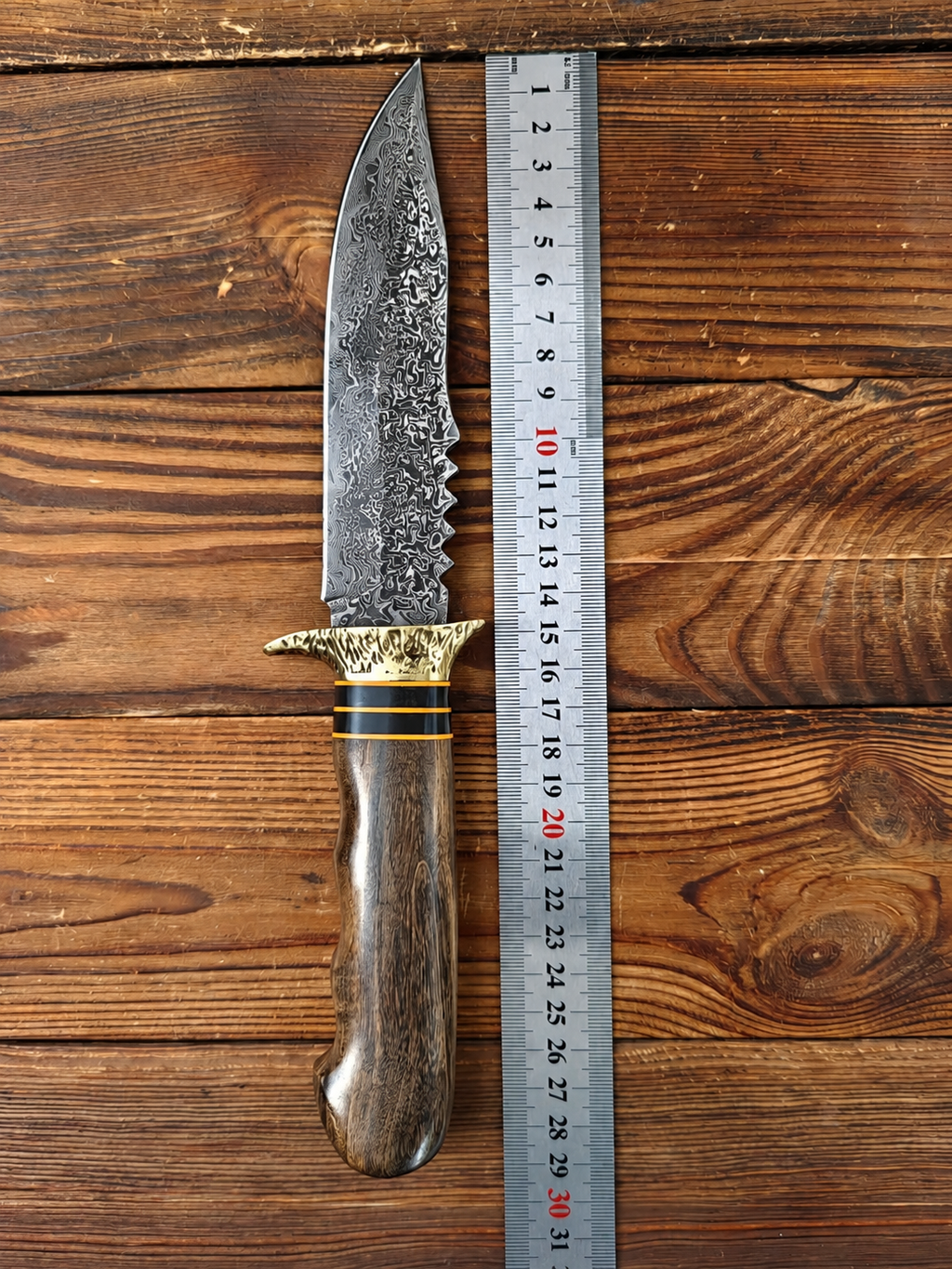 Handmade Damascus Steel Hunting Knife – 11" Fixed Blade with 67-Layer Hand-Forged Blade, Wood Handle & Guard