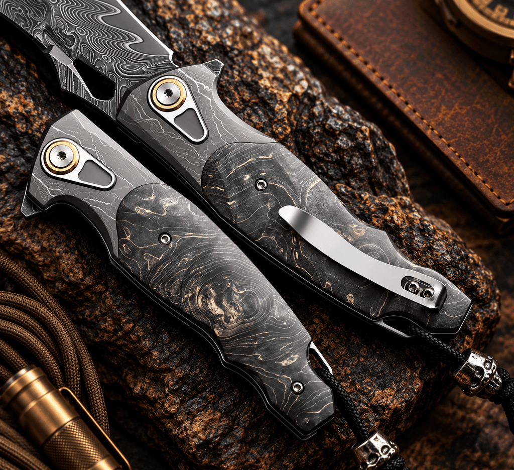 Damascus pocket knife with stainless steel pocket clip