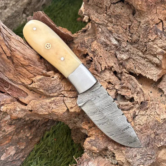 Custom Handmade Damascus Steel Hunting Skinner Knife-Steel Bolster & Bone Handle With Leather Sheath Hunt Craft Knives