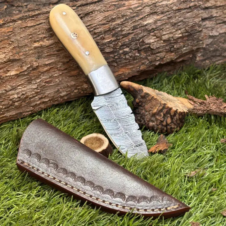 Custom Handmade Damascus Steel Hunting Skinner Knife-Steel Bolster & Bone Handle With Leather Sheath Hunt Craft Knives
