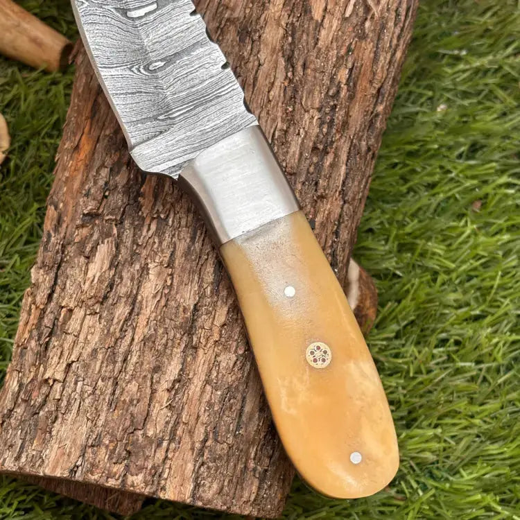 Custom Handmade Damascus Steel Hunting Skinner Knife-Steel Bolster & Bone Handle With Leather Sheath Hunt Craft Knives