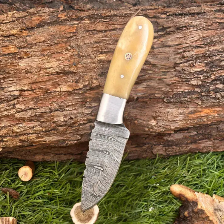 Custom Handmade Damascus Steel Hunting Skinner Knife-Steel Bolster & Bone Handle With Leather Sheath Hunt Craft Knives