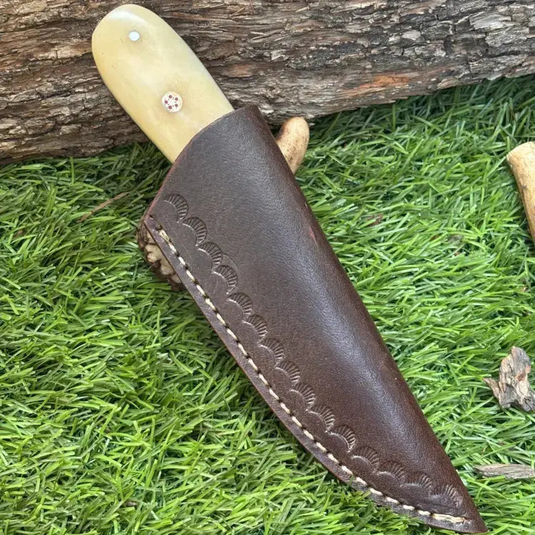 Custom Handmade Damascus Steel Hunting Skinner Knife-Steel Bolster & Bone Handle With Leather Sheath Hunt Craft Knives
