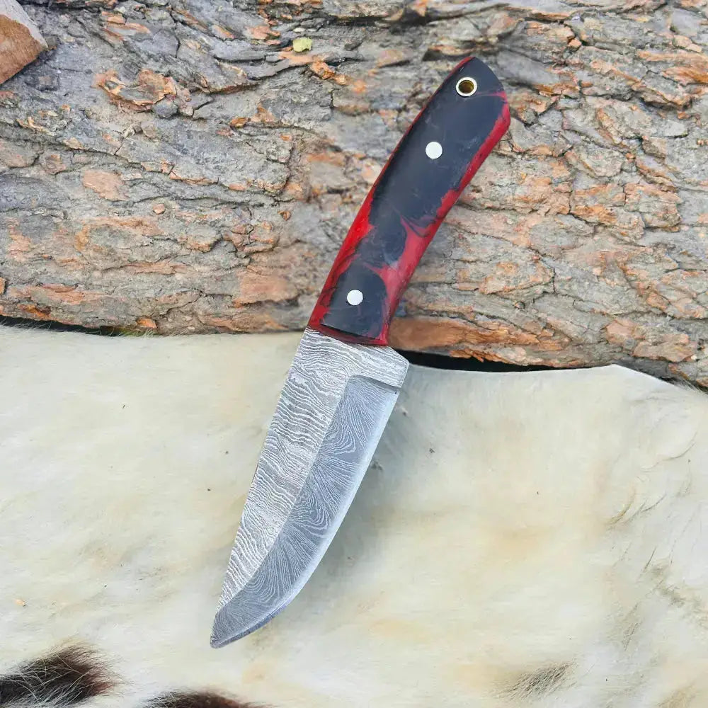 Handmade Damascus Steel Skinner Knife Red & Black Resin Handle - Hunt Craft Knives