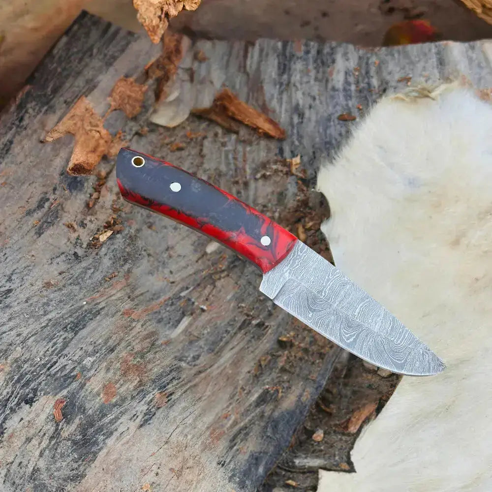 Handmade Damascus Steel Skinner Knife Red & Black Resin Handle - Hunt Craft Knives