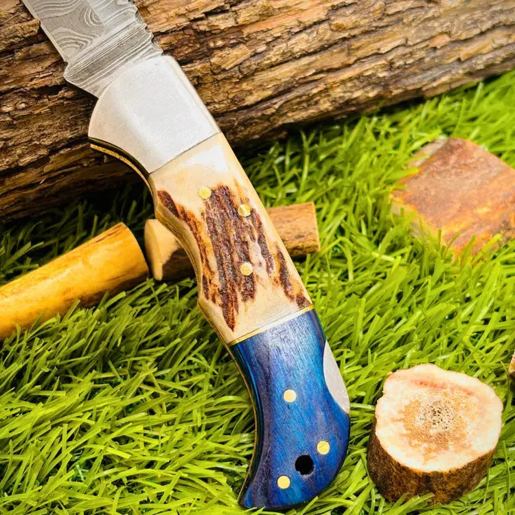 Custom Handmade Damascus Steel Folding Pocket Knife-Stag Horn Handle Hunt Craft Knives