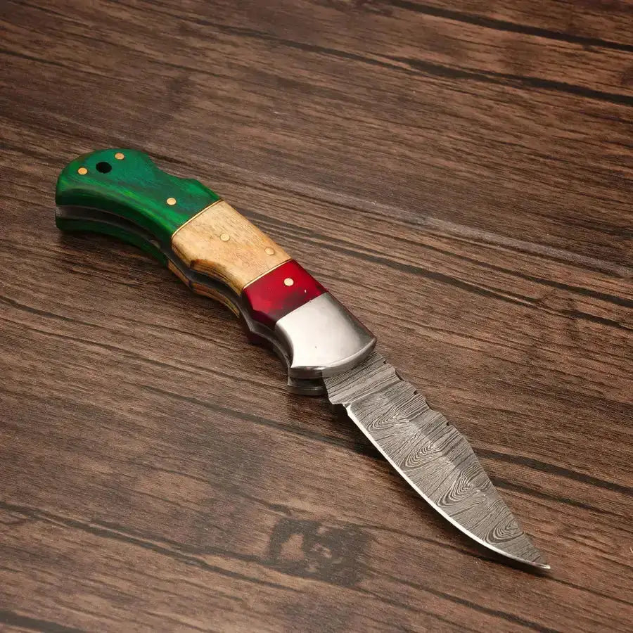 Custom Hand Made Forged Damascus Pocket Knife-Folding Knife With Steel Bolster - Hunt Craft Knives