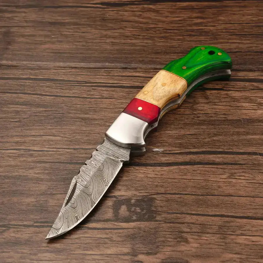 Custom Hand Made Forged Damascus Pocket Knife-Folding Knife With Steel Bolster - Hunt Craft Knives