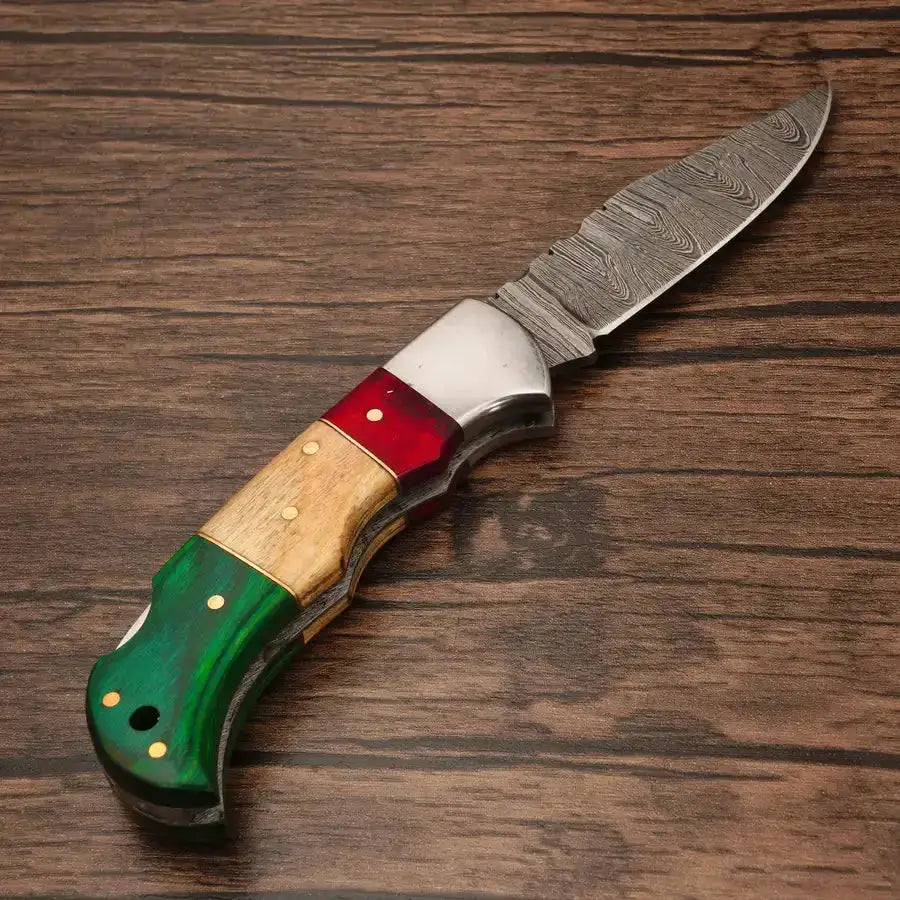 Custom Hand Made Forged Damascus Pocket Knife-Folding Knife With Steel Bolster - Hunt Craft Knives