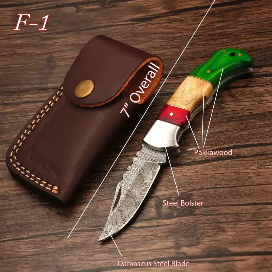 Custom Hand Made Forged Damascus Pocket Knife-Folding Knife With Steel Bolster - Hunt Craft Knives
