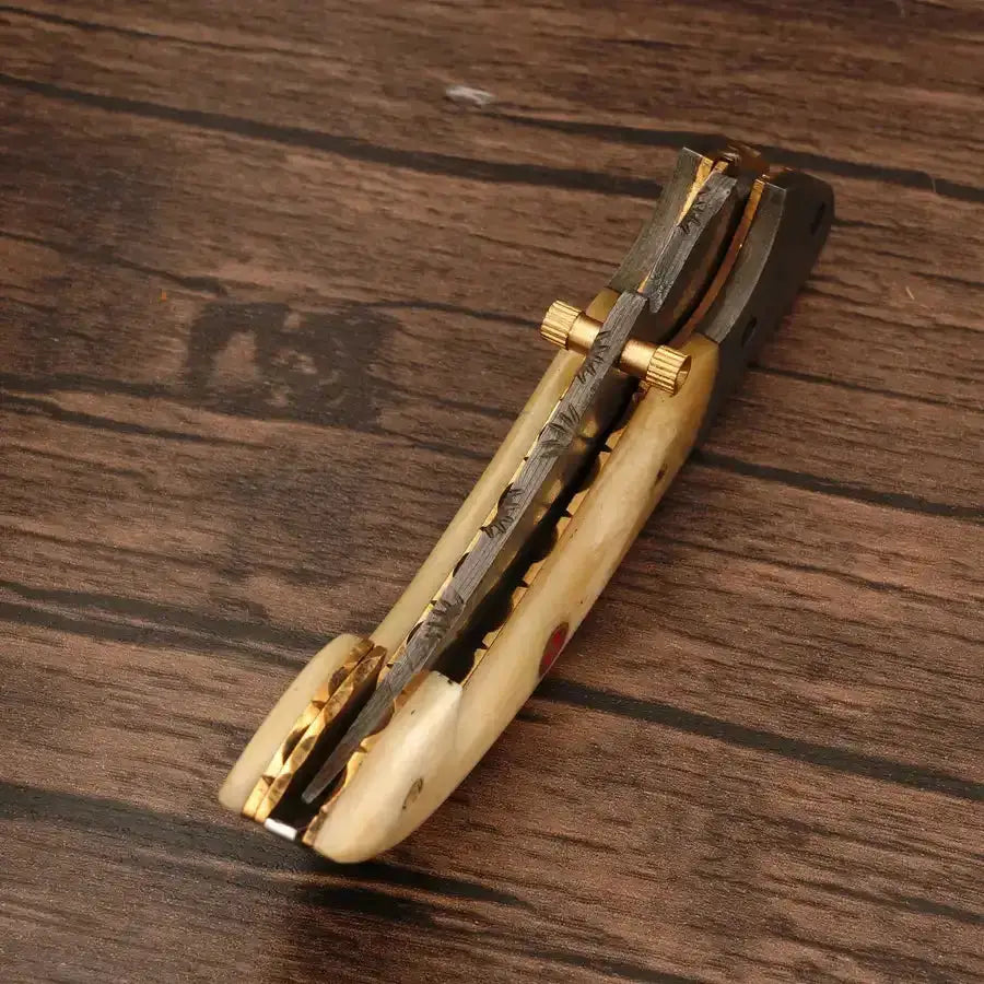 Custom Handmade Damascus Pocket Knife-Damascus Bolster Folding Knife With Bone Handle - Hunt Craft Knives