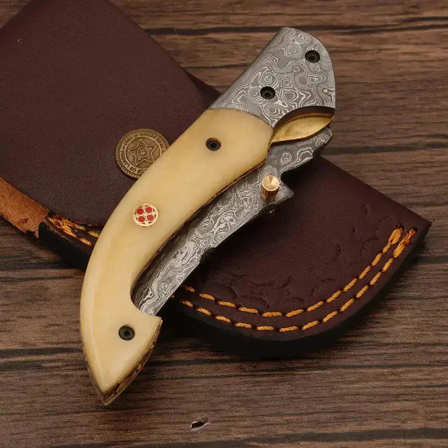 Custom Handmade Damascus Pocket Knife-Damascus Bolster Folding Knife With Bone Handle - Hunt Craft Knives