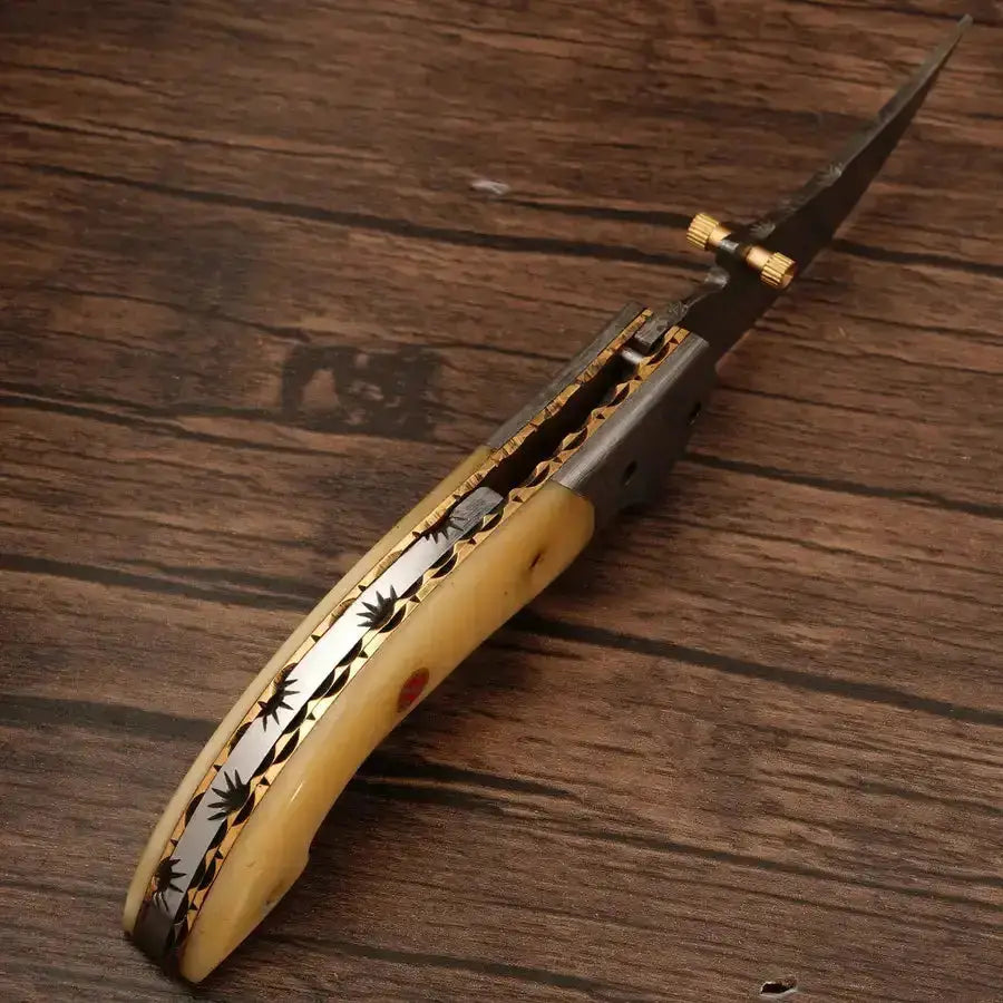 Custom Handmade Damascus Pocket Knife-Damascus Bolster Folding Knife With Bone Handle - Hunt Craft Knives