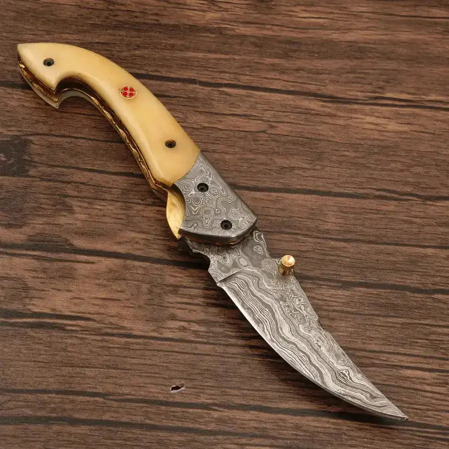 Custom Handmade Damascus Pocket Knife-Damascus Bolster Folding Knife With Bone Handle - Hunt Craft Knives