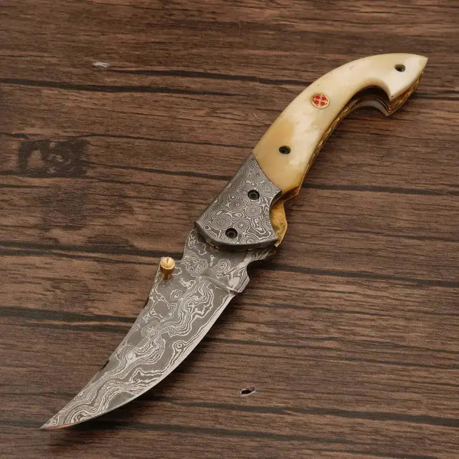 Custom Handmade Damascus Pocket Knife-Damascus Bolster Folding Knife With Bone Handle - Hunt Craft Knives