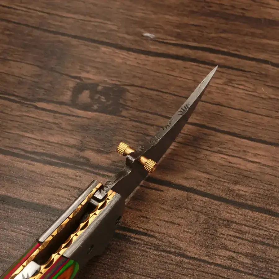 Handmade Damascus Pocket Knife-Damascus Bolster Folding Knife With MiltiColor Pakka Wood Handle - Hunt Craft Knives - Damascus Pocket Knife-Damascus Bolster Folding Knife camping knife