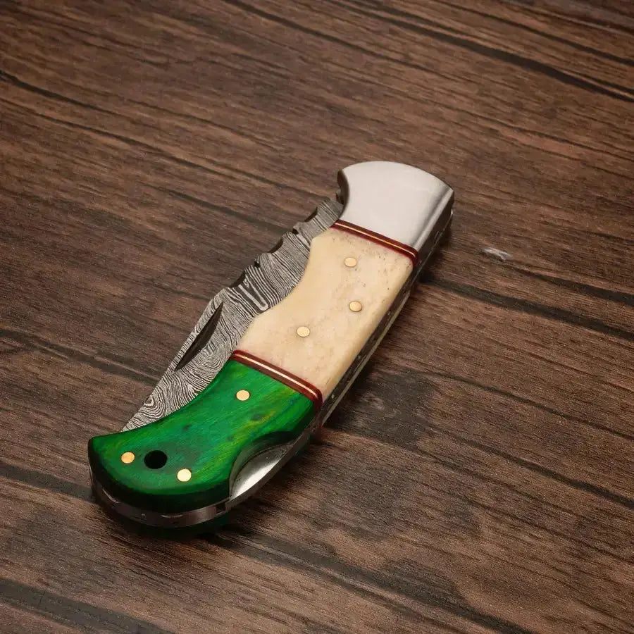 Custom Handmade Damascus Steel Hunting Folding Knife-Best Pocket Knife With Bone & Wood Handle - Hunt Craft Knives