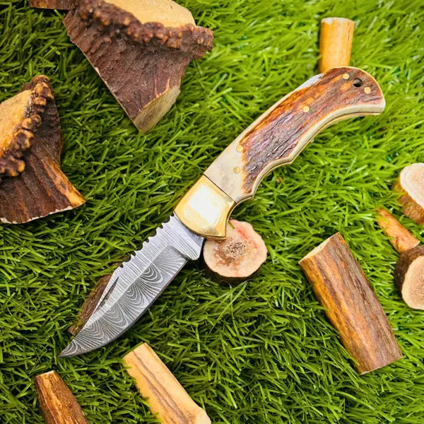 7” Handmade Damascus Folding Pocket Knife-Brass Bolster & Stag Horn Handle
