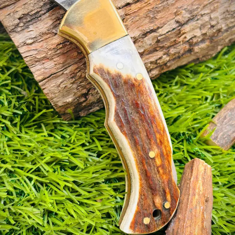 Handmade Damascus Folding Pocket Knife-Brass Bolster & Stag Horn Handle-Viking knife Hunt Craft Knives