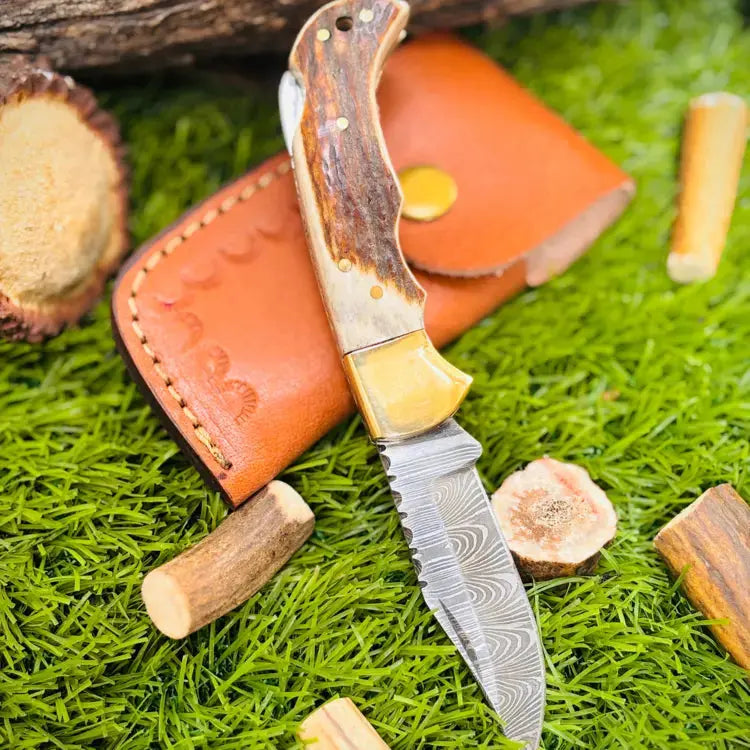 Handmade Damascus Folding Pocket Knife-Brass Bolster & Stag Horn Handle-Viking knife Hunt Craft Knives