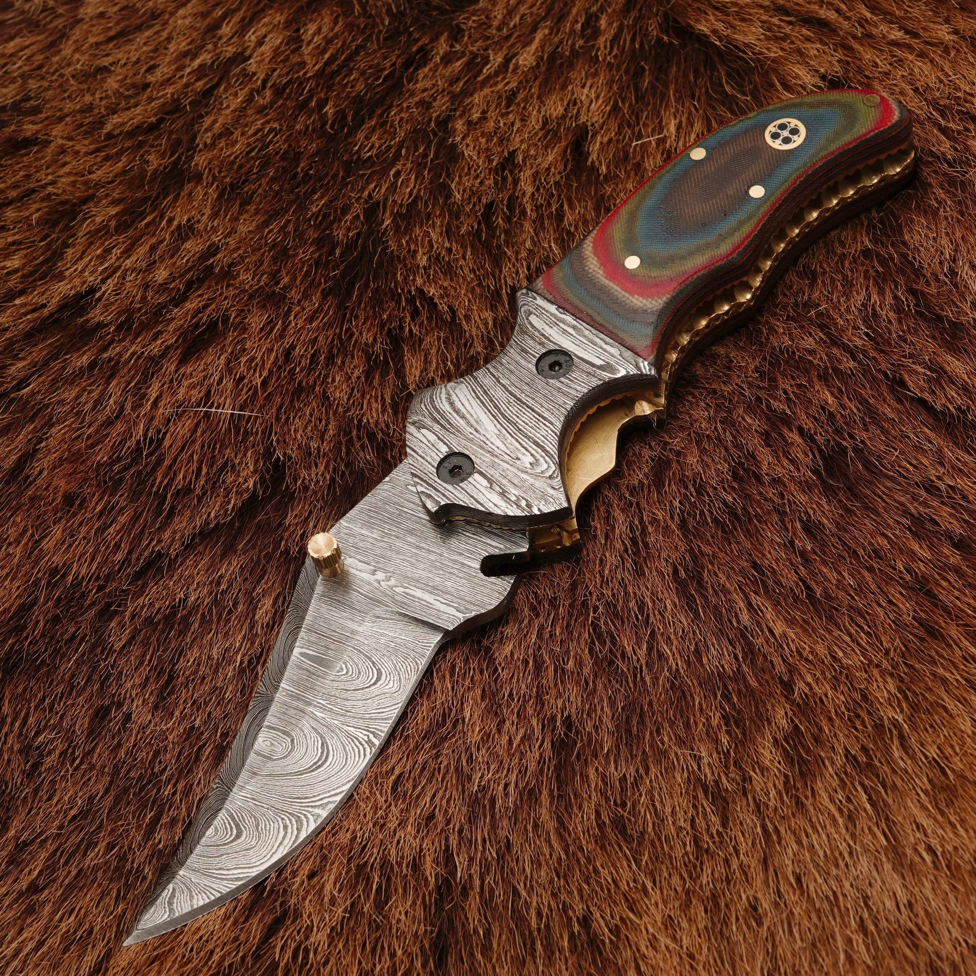 8” Handcrafted Damascus Steel Pocket Hunting Knife - Damascus Bolster Folding Knife with Micarta Handle