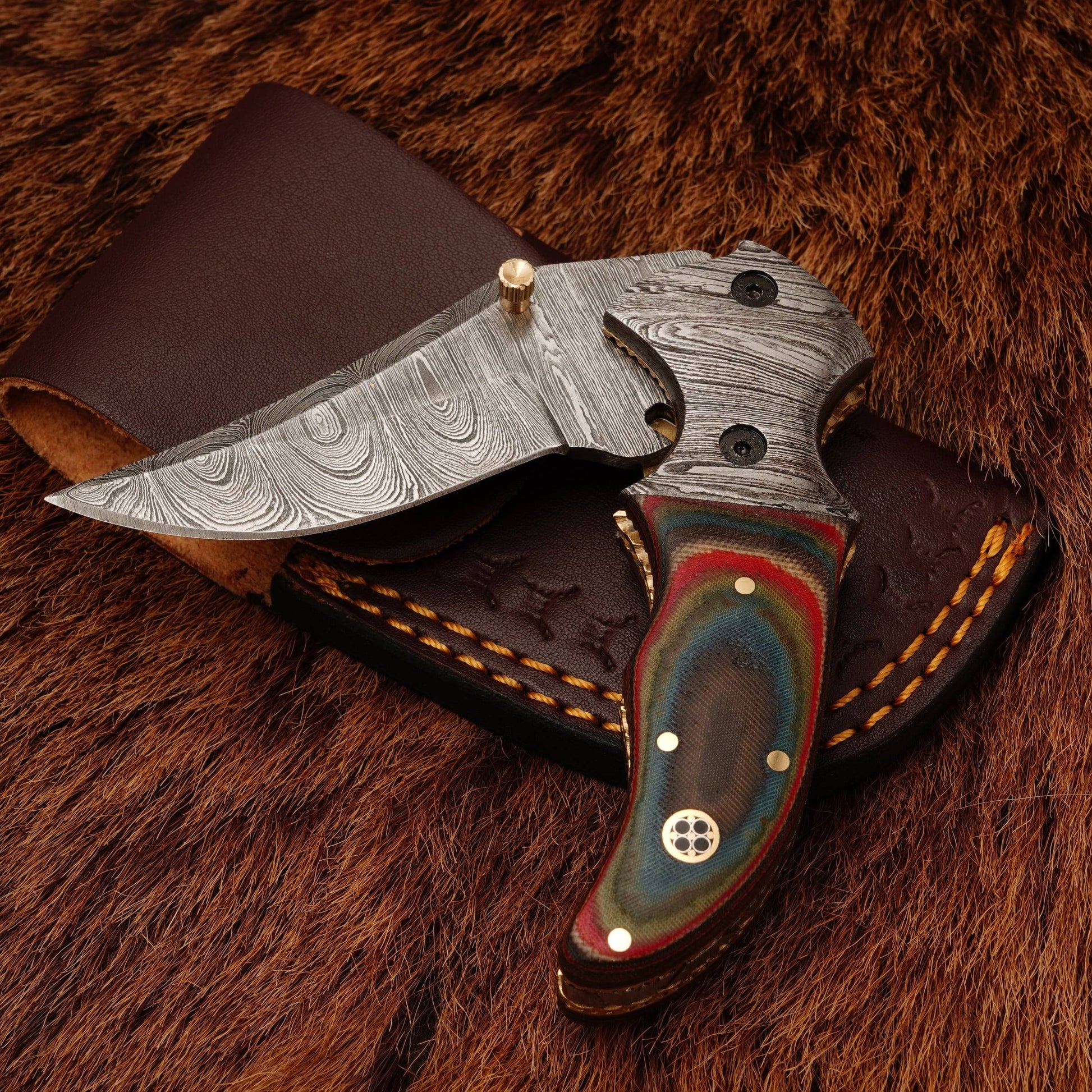 8” Handcrafted Damascus Steel Pocket Hunting Knife - Damascus Bolster Folding Knife with Micarta Handle