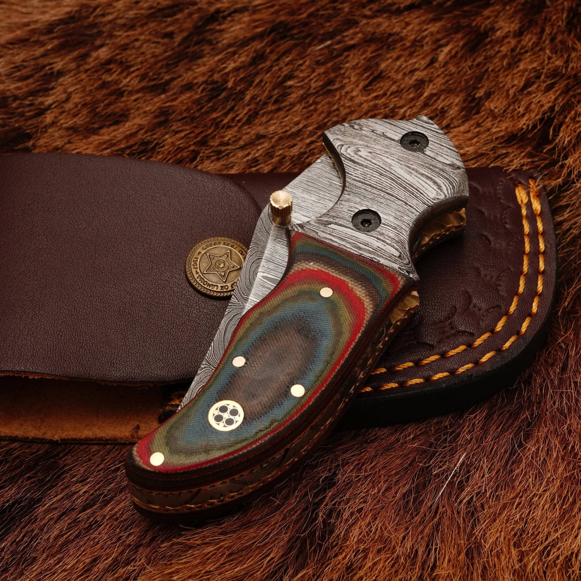 8” Handcrafted Damascus Steel Pocket Hunting Knife - Damascus Bolster Folding Knife with Micarta Handle