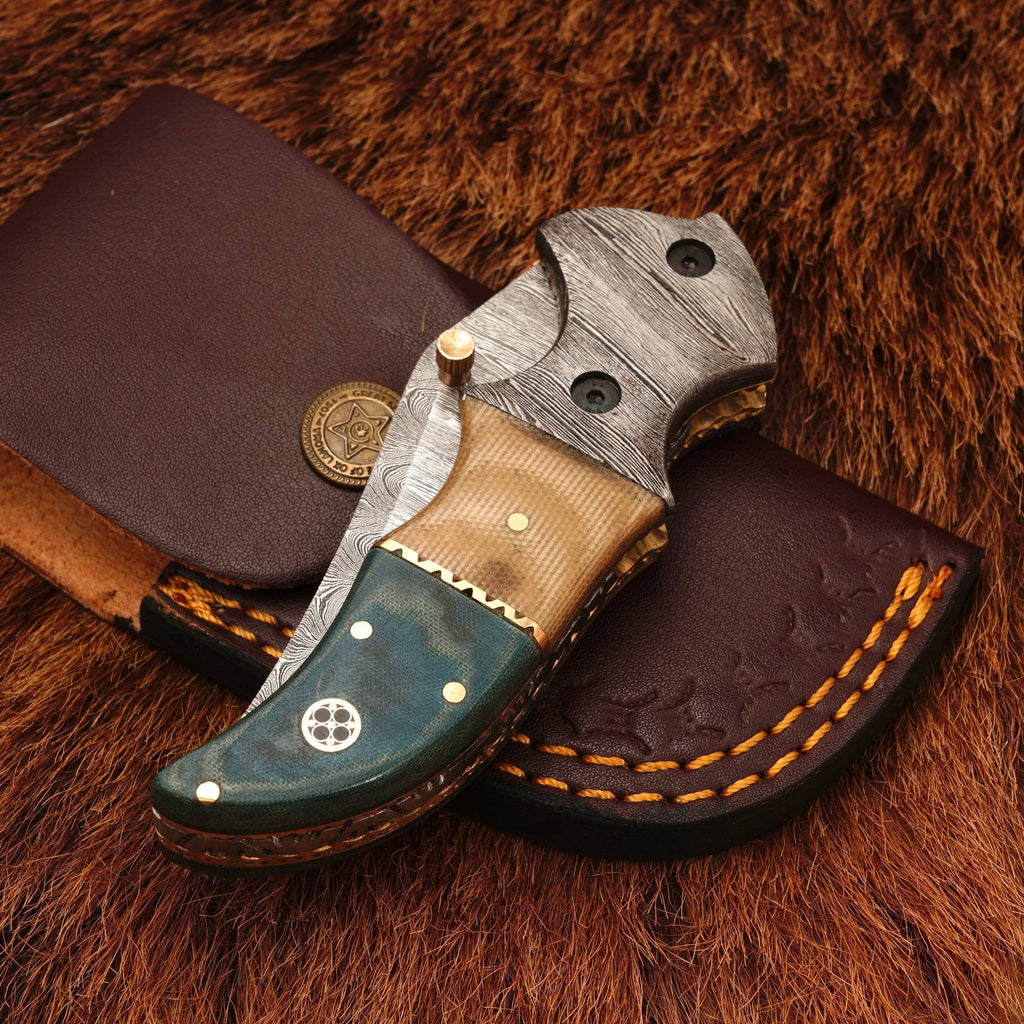 8” Custom handmade Damascus Steel Pocket Knife-Damascus Bolster Folding Knife With Micarta Handle
