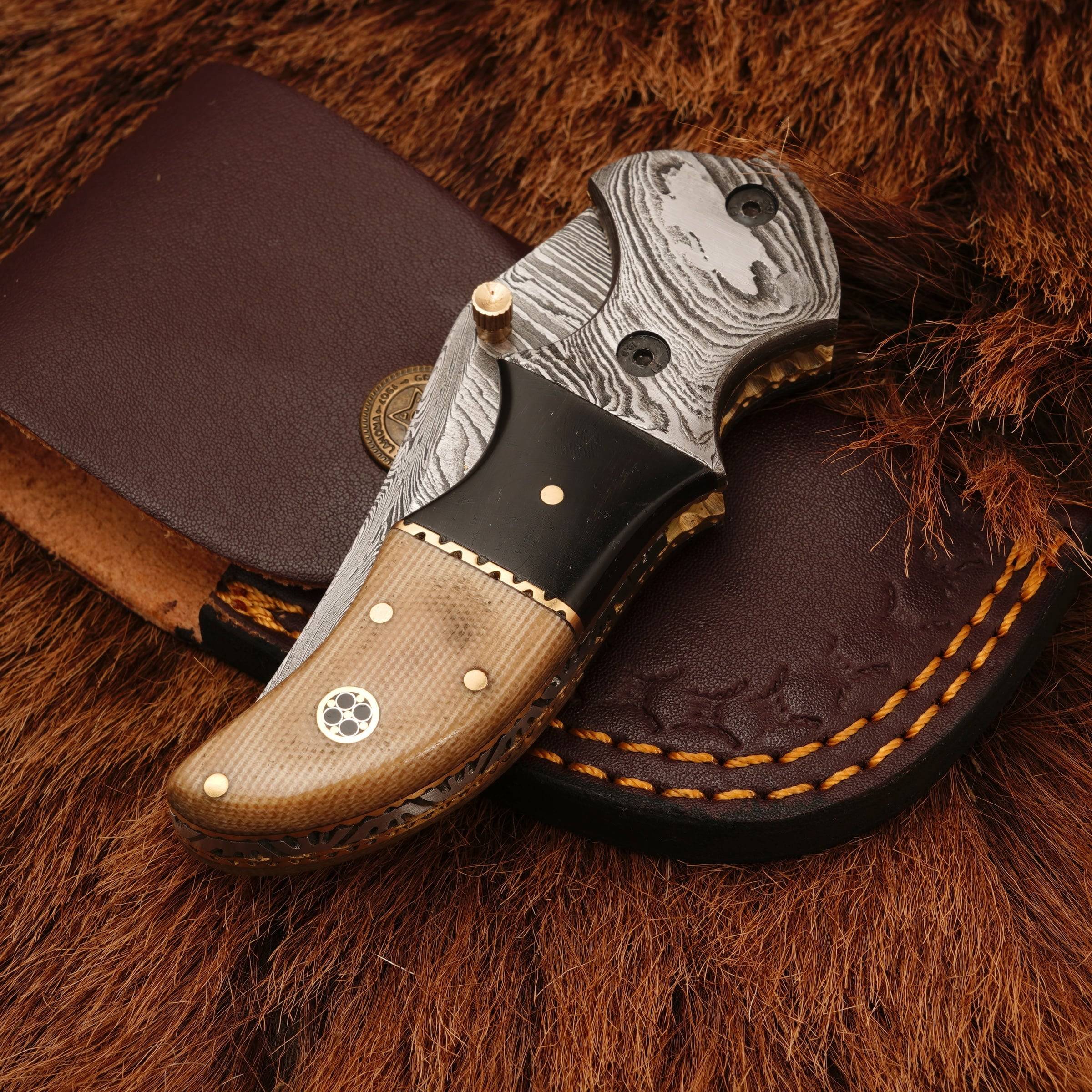 Handmade Damascus Pocket Knife-Damascus Bolster Folding Knife With Micarta Handle