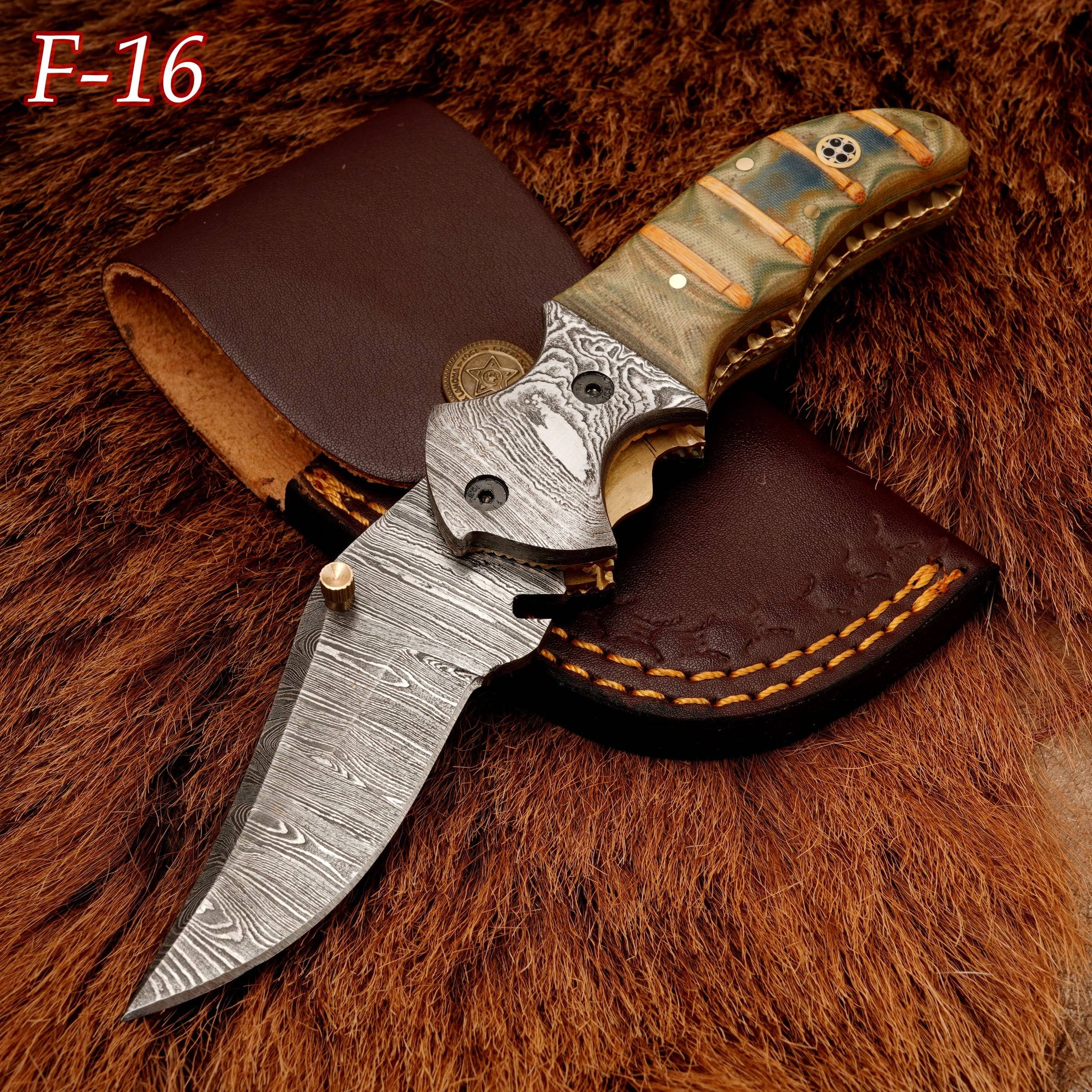 8” Custom Handcrafted Damascus Steel Pocket Knife - Damascus Bolster Folding camping Knife with Micarta Handle