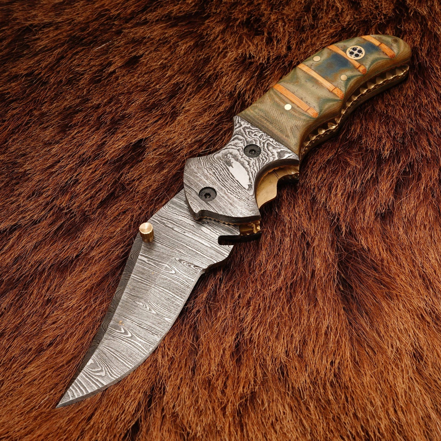 8” Custom Handcrafted Damascus Steel Pocket Knife - Damascus Bolster Folding camping Knife with Micarta Handle