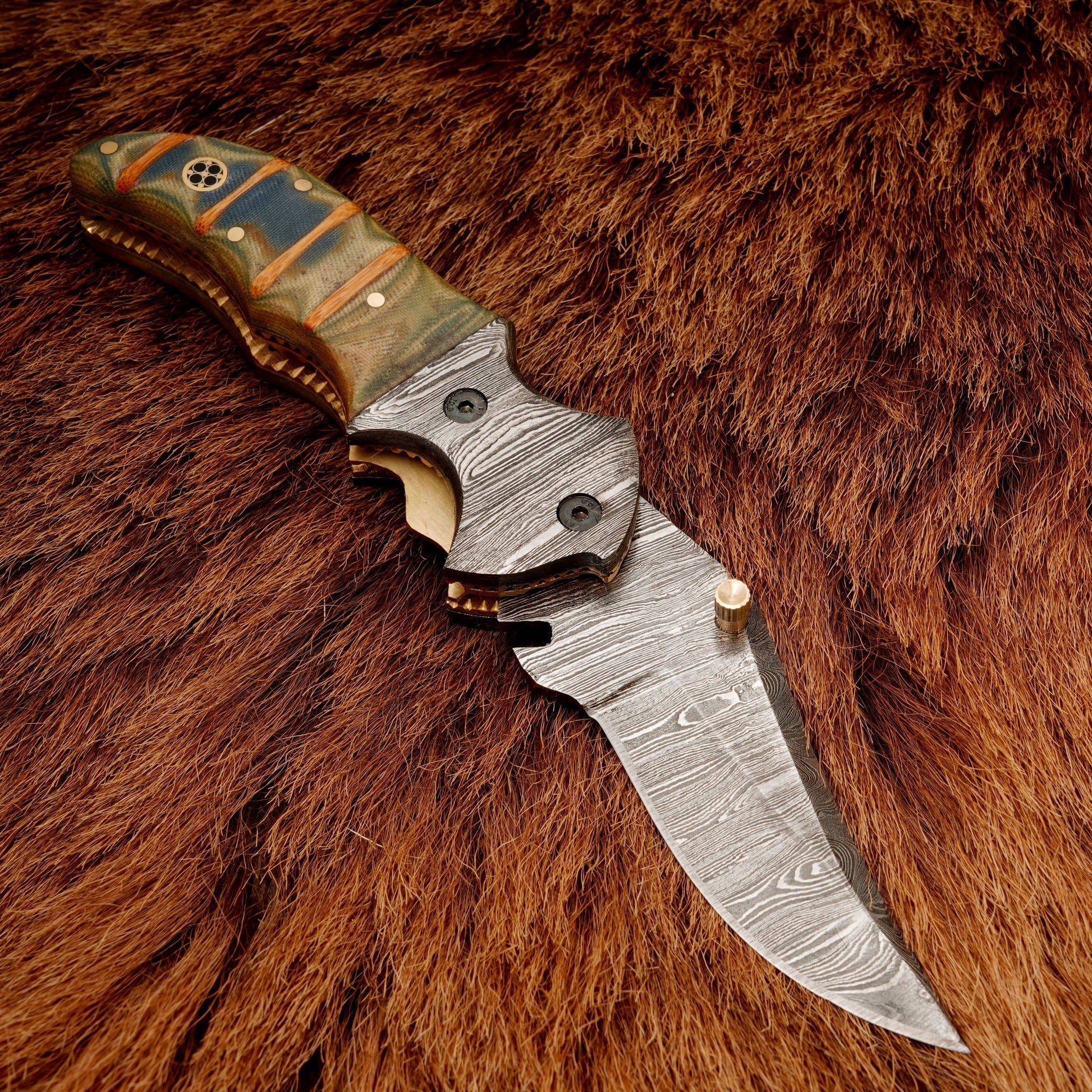 8” Custom Handcrafted Damascus Steel Pocket Knife - Damascus Bolster Folding camping Knife with Micarta Handle